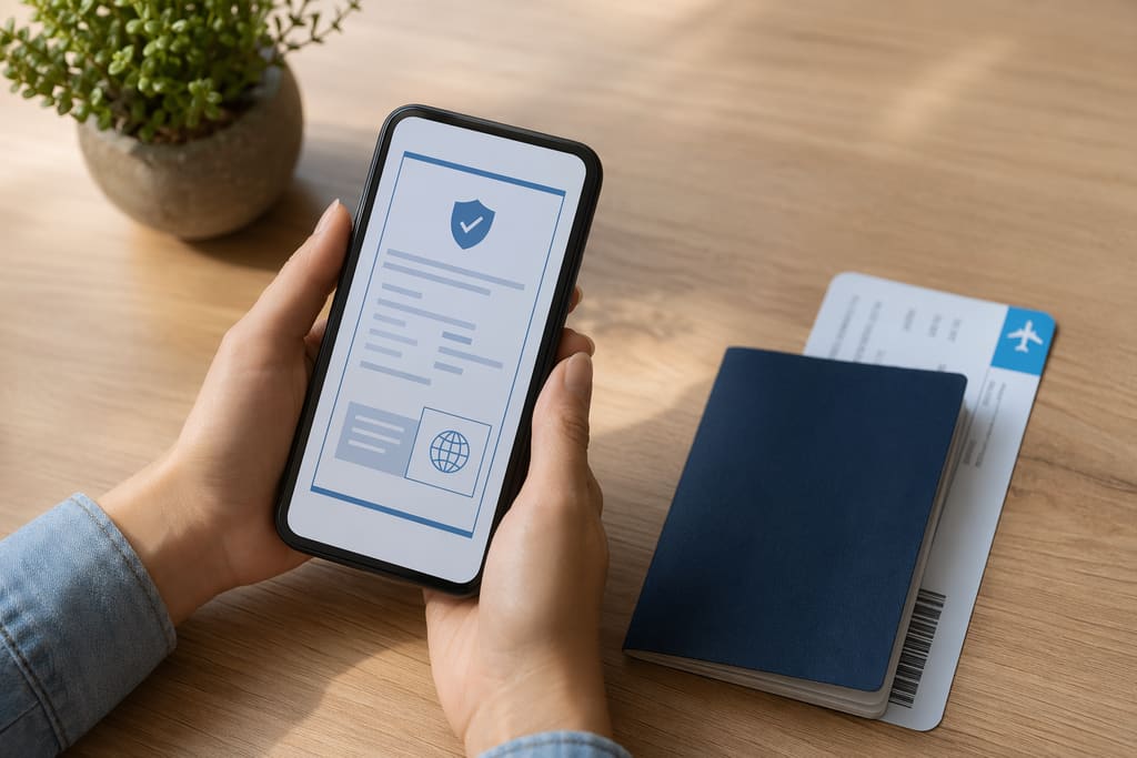 Ein Smartphone zeigt ein Versicherungszertifikat als PDF mit Häkchen, daneben ein Pass und Karten im Bordkarten-Stil