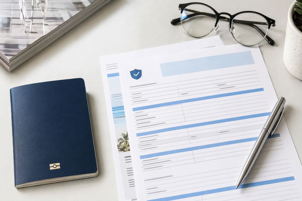 Flatlay aus Pass, einem versiegelten Reiseversicherungszertifikat und einer abgehakten Checkliste auf indigofarbener Fläche