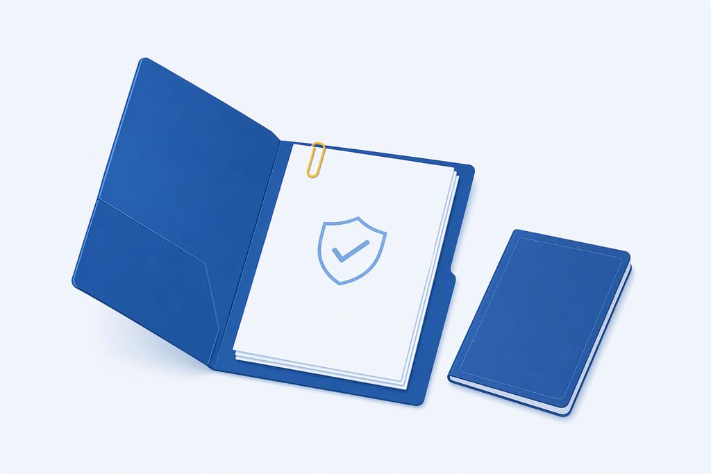 Illustration d’un dossier indigo ouvert contenant des feuilles simples marquées d’un bouclier, avec un trombone doré et un passeport fermé à côté, sans texte lisible.